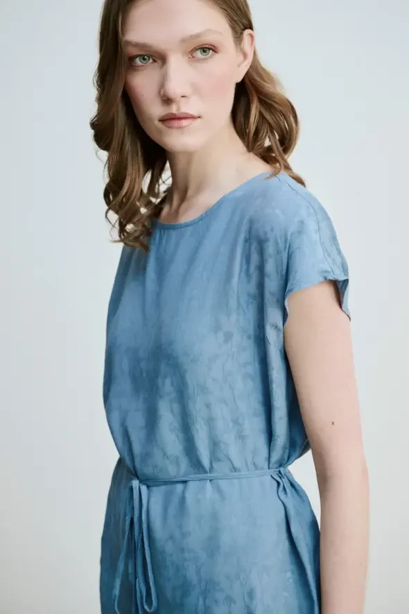 Jacquard Patterned Blouse with Waist Belt - Blue - 4