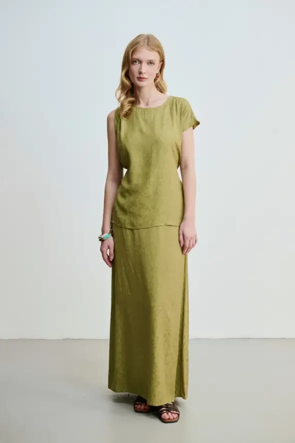 Jacquard Patterned Long A-Line Skirt - Khaki - 4