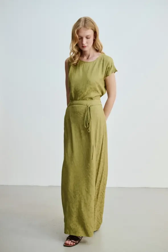 Jacquard Patterned Long A-Line Skirt - Khaki - 3