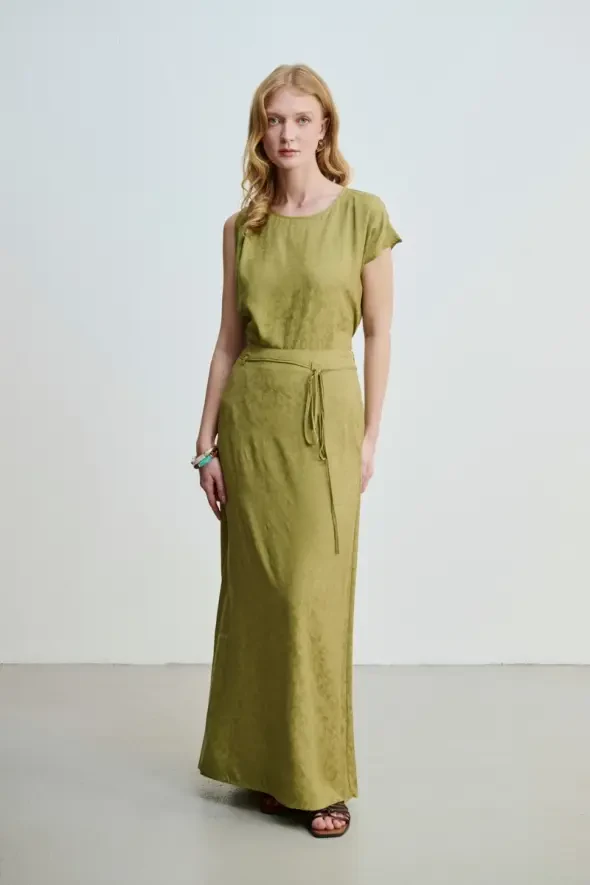 Jacquard Patterned Long A-Line Skirt - Khaki - 5