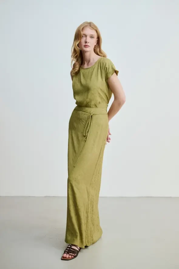 Jacquard Patterned Long A-Line Skirt - Khaki - 2