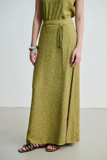 Jacquard Patterned Long A-Line Skirt - Khaki Khaki