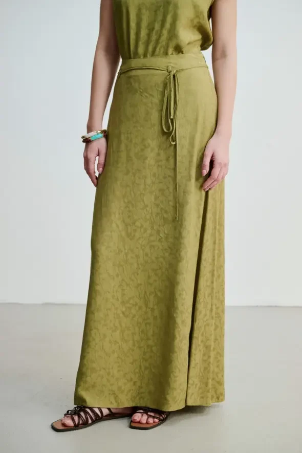Jacquard Patterned Long A-Line Skirt - Khaki - 1