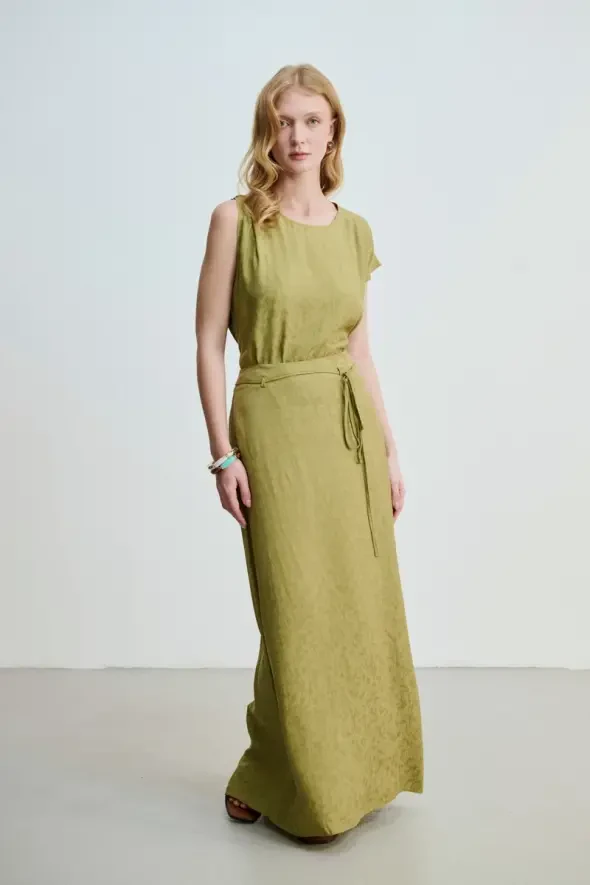 Jacquard Patterned Long A-Line Skirt - Khaki - 6