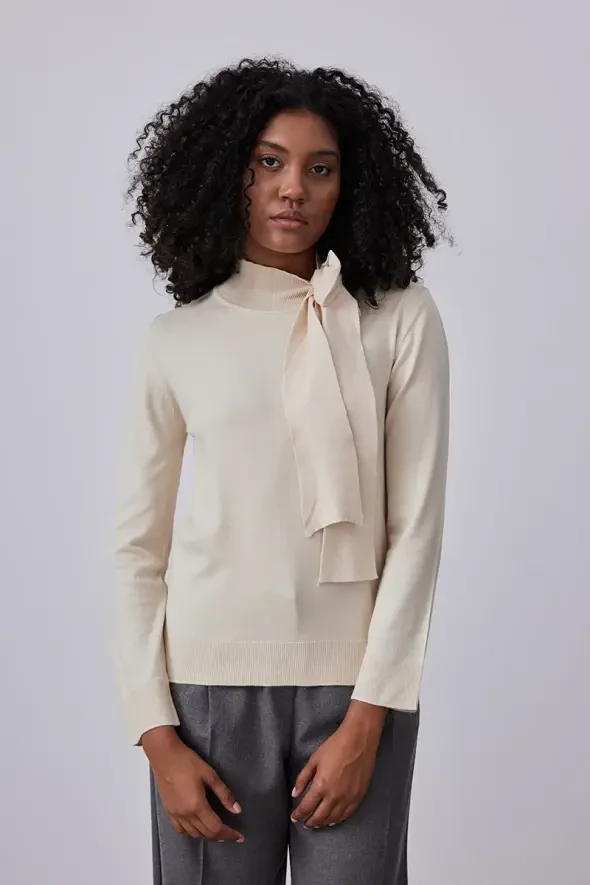 Knit Sweater with Bow Collar - Beige - 1