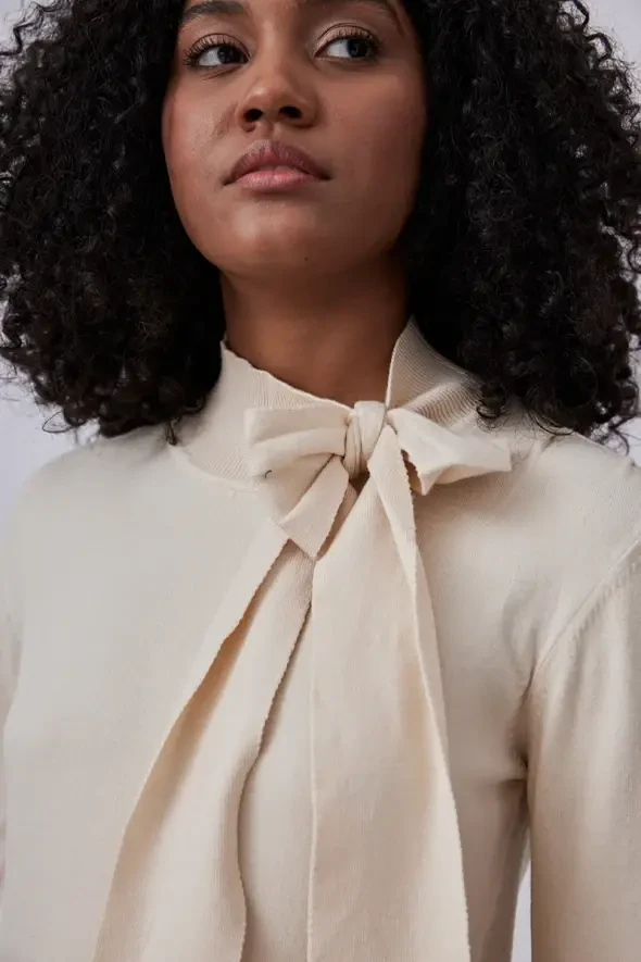 Knit Sweater with Bow Collar - Beige - 3