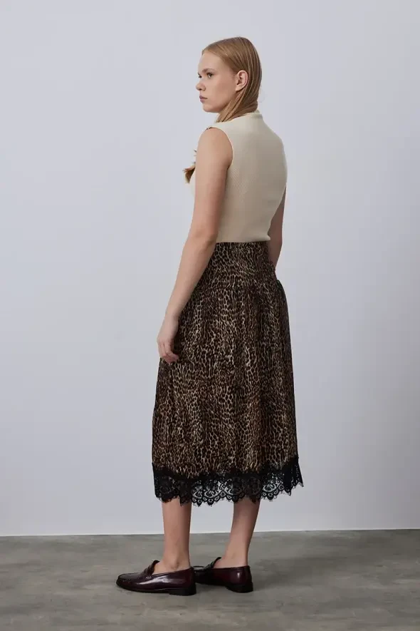 Lace Detailed Leopard Skirt - Brown - 5