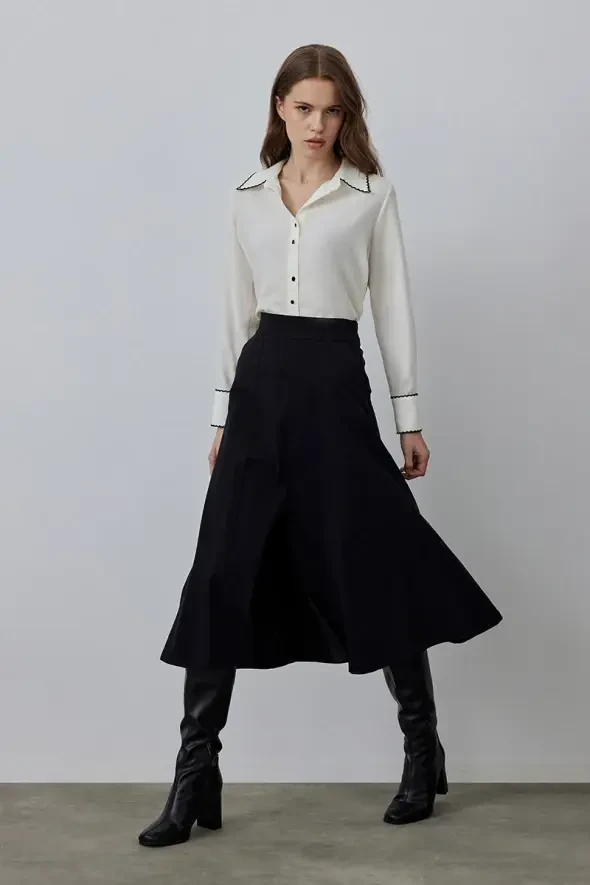 Long Canvas Skirt with Slits - Black - 2