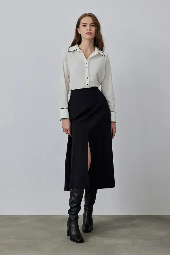 Long Canvas Skirt with Slits - Black - 6