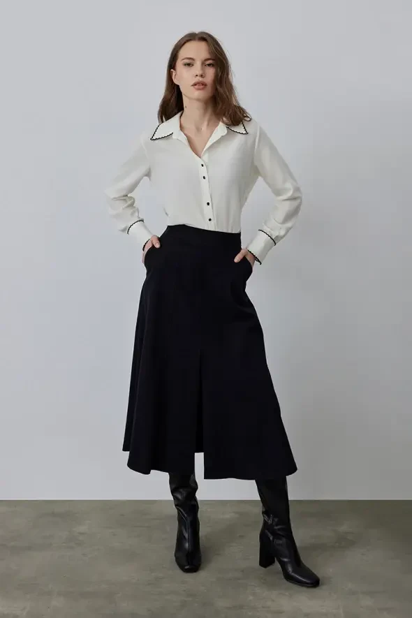 Long Canvas Skirt with Slits - Black - 7