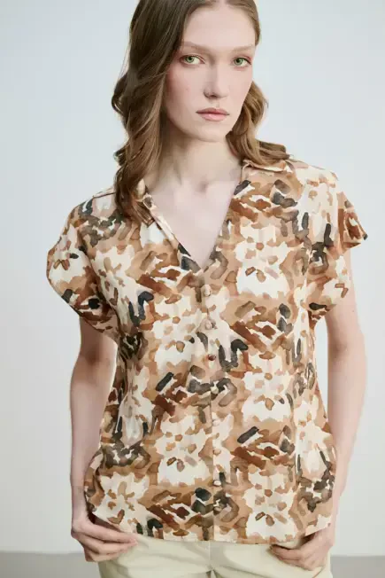 Low Sleeve Patterned Viscose Blouse - Brown Brown