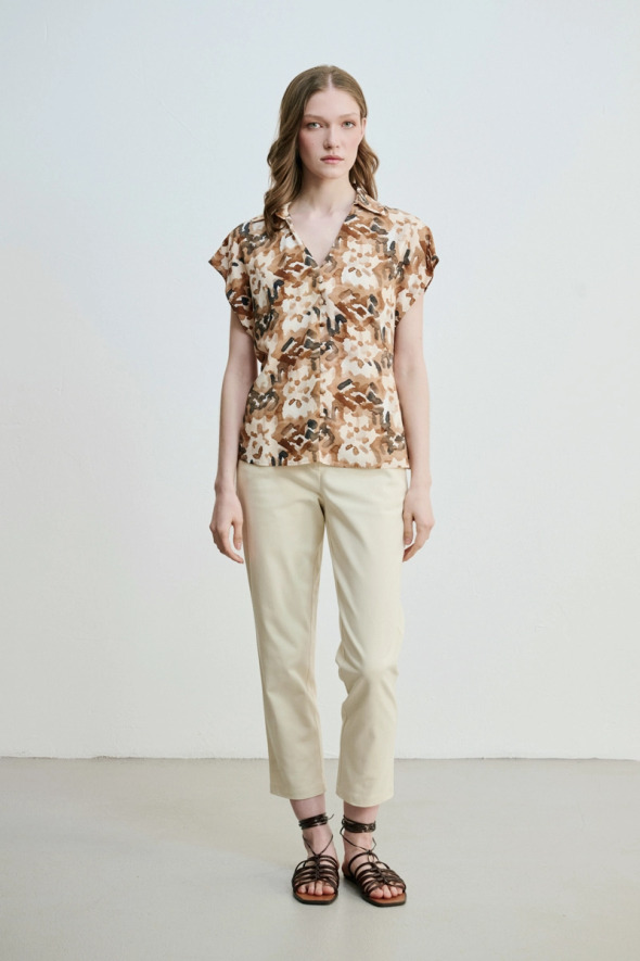 Low Sleeve Patterned Viscose Blouse - Brown - 2
