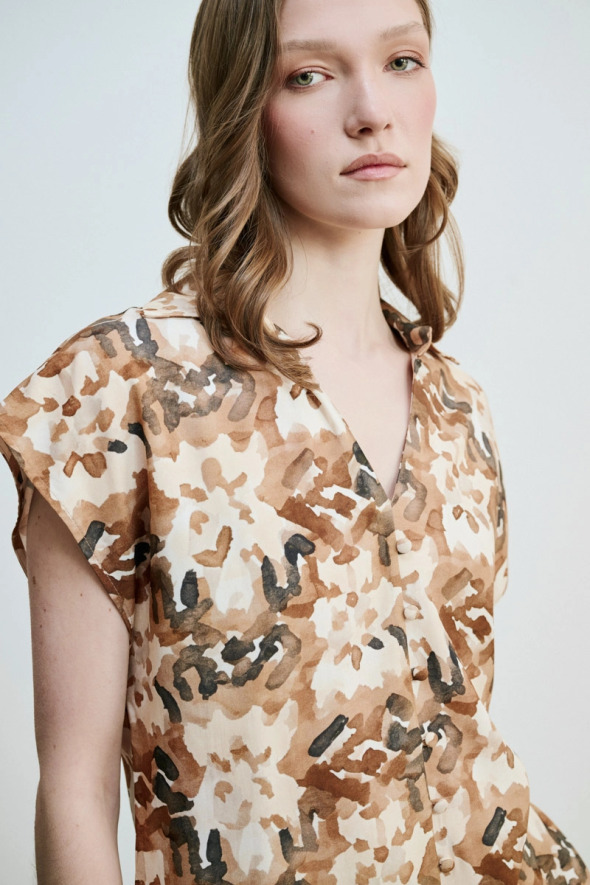 Low Sleeve Patterned Viscose Blouse - Brown - 3