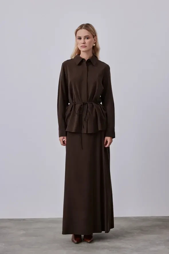 Lyocell Shirt with Drawstring Waist -Brown - 1