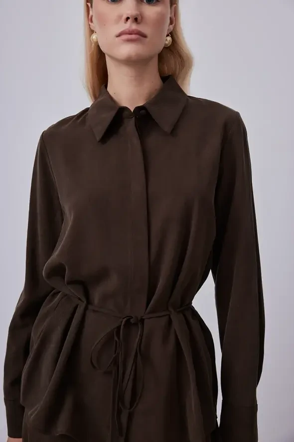 Lyocell Shirt with Drawstring Waist -Brown - 6
