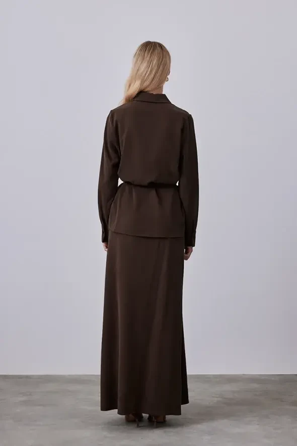 Lyocell Shirt with Drawstring Waist -Brown - 7
