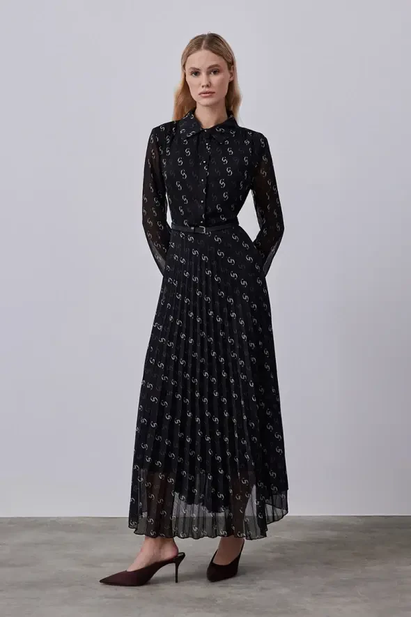 Monogram Chiffon Dress with Waist Belt - Black - 1