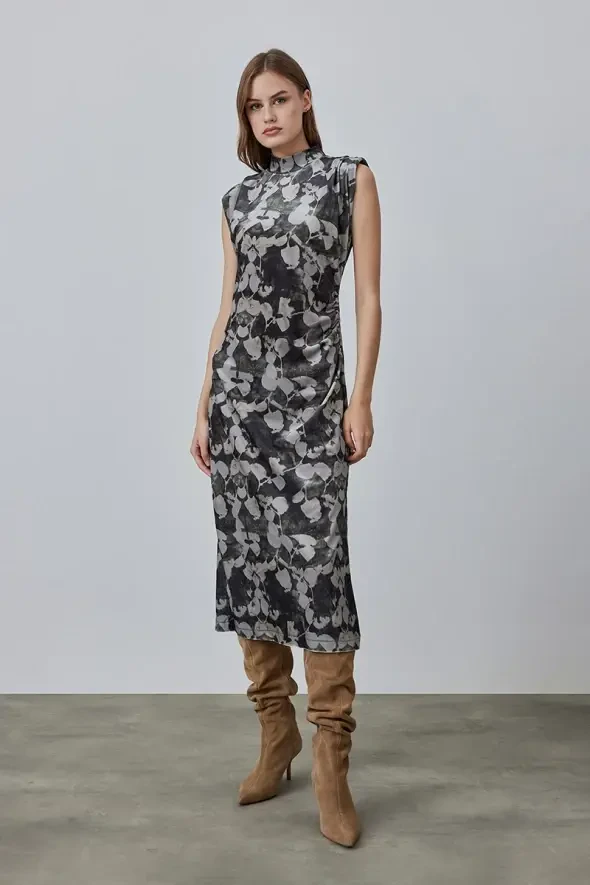 Patterned Long Velvet Dress - Mink - 2