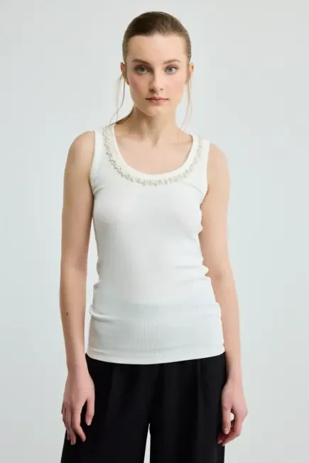 Pearl Embellished Viscose Tank Top - Ecru Ecru