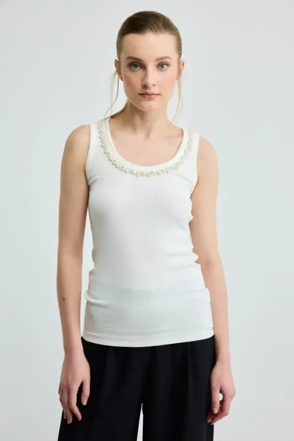 Pearl Embellished Viscose Tank Top - Ecru - 1