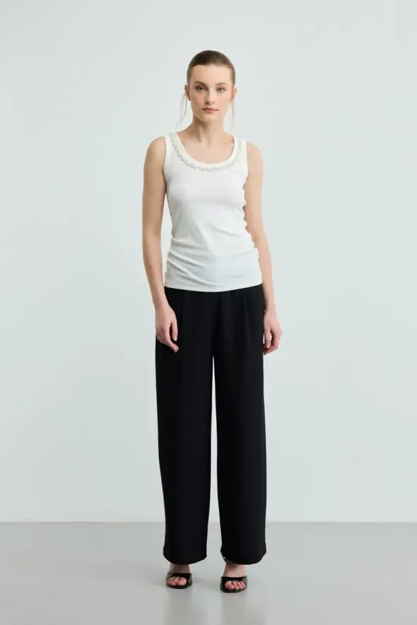 Pearl Embellished Viscose Tank Top - Ecru - 2