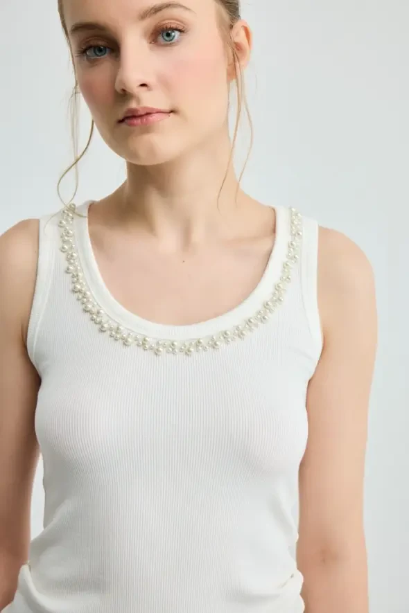 Pearl Embellished Viscose Tank Top - Ecru - 3