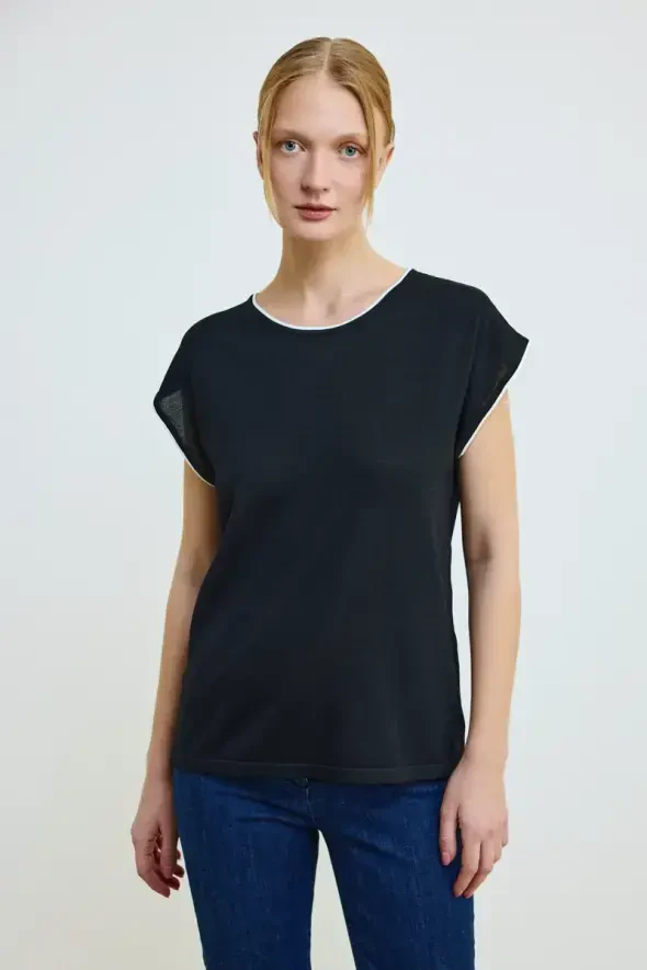 Piped Drop Shoulder Mercerized Knit Blouse - Black - 1
