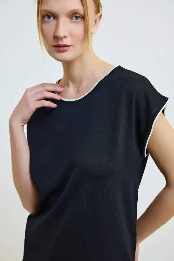 Piped Drop Shoulder Mercerized Knit Blouse - Black - 2