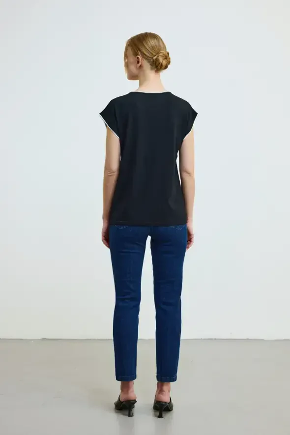 Piped Drop Shoulder Mercerized Knit Blouse - Black - 3