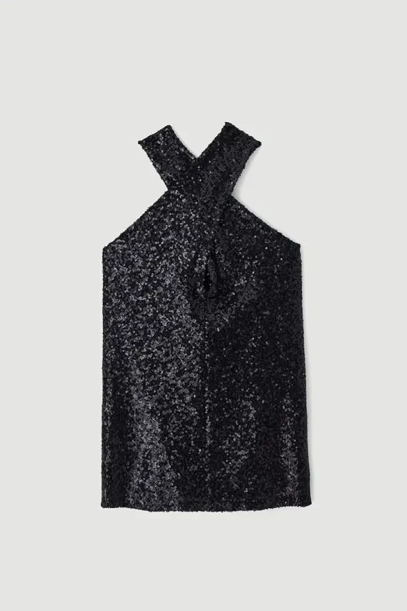 Sequin Cross-Back Blouse - Black - 7