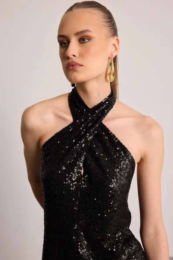 Sequin Cross-Back Blouse - Black - 2