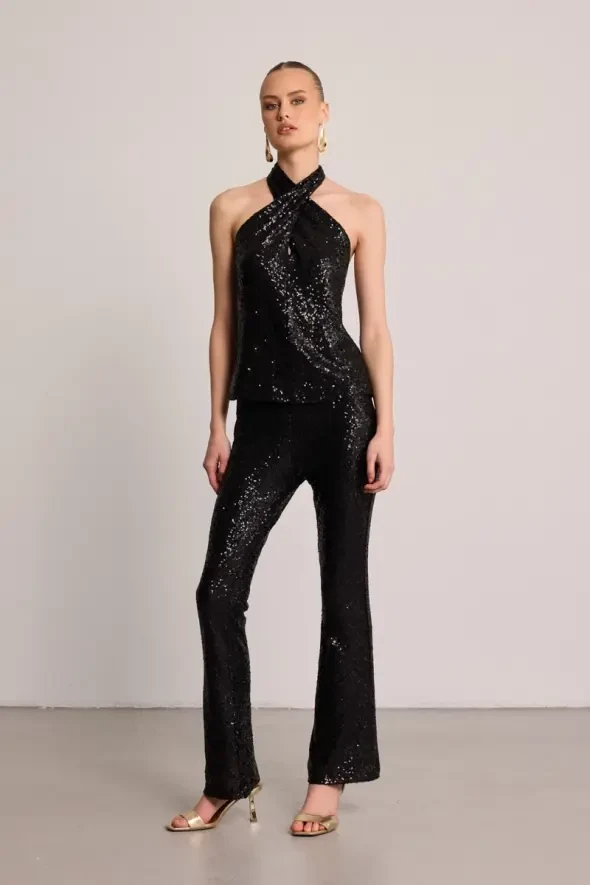 Sequin Cross-Back Blouse - Black - 3