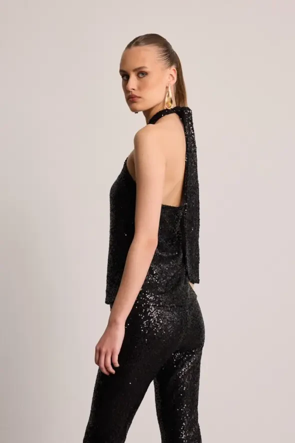 Sequin Cross-Back Blouse - Black - 4