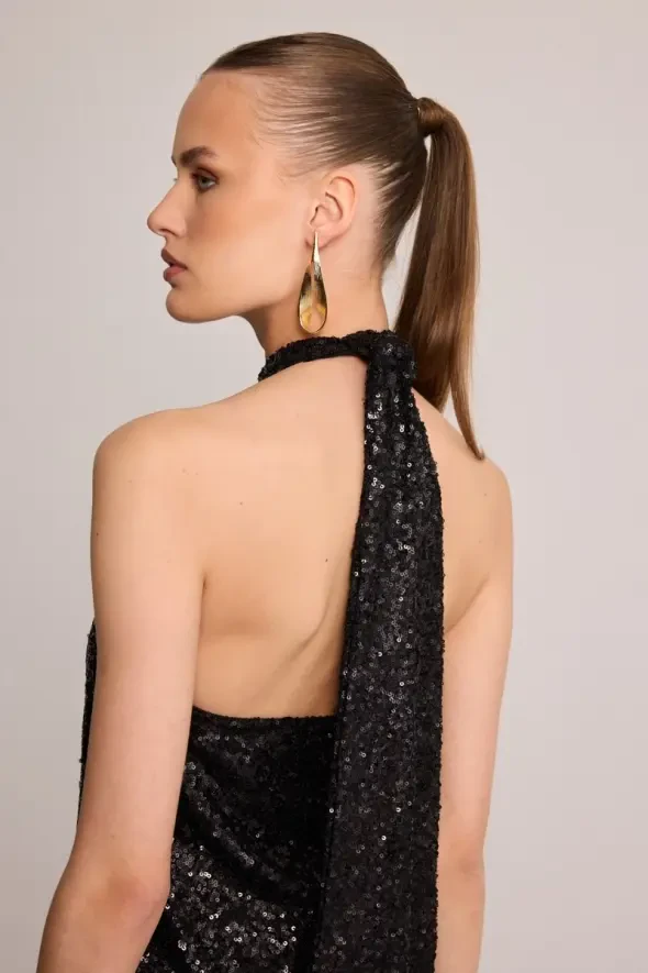 Sequin Cross-Back Blouse - Black - 5