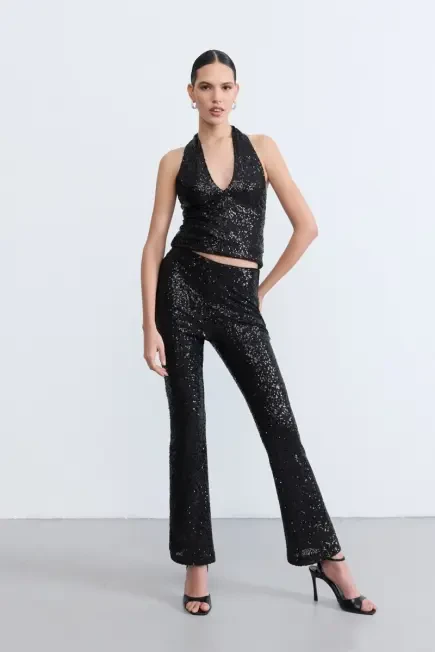Sequin Flared Pants - Black Black