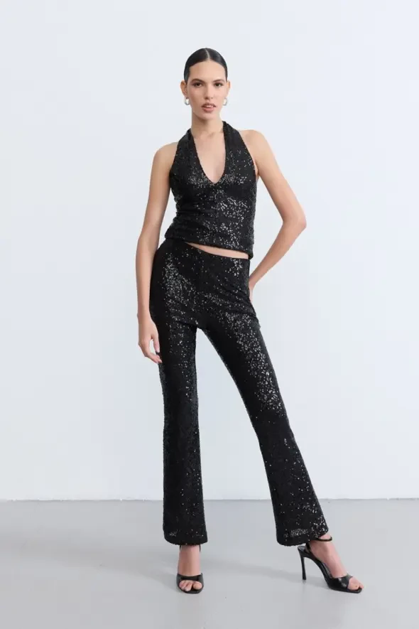 Sequin Flared Pants - Black - 1