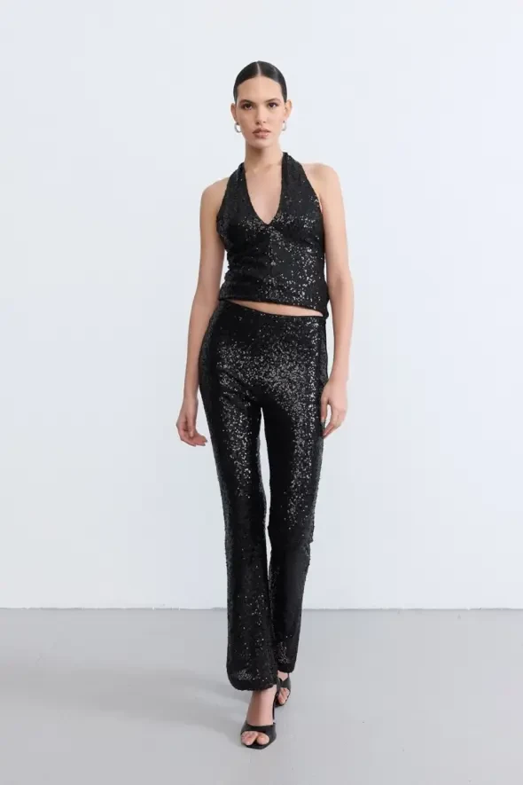 Sequin Flared Pants - Black - 4
