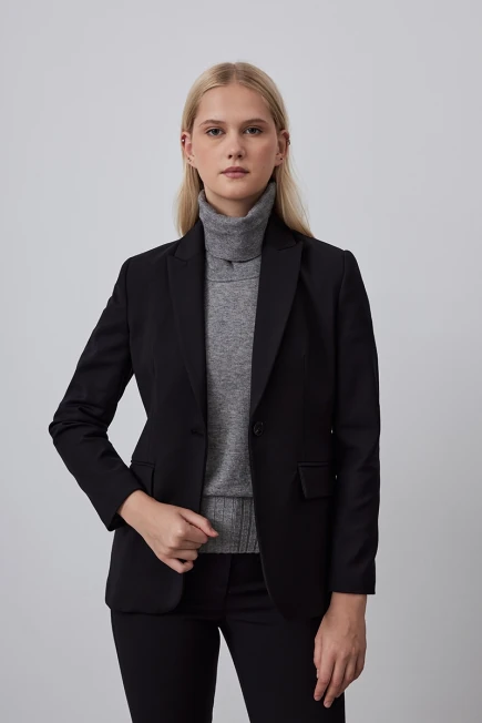 Single Button Blazer Jacket - Black Black