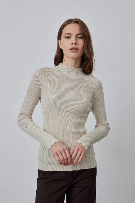 Stand Collar Lurex Knit Sweater - Gold Gold