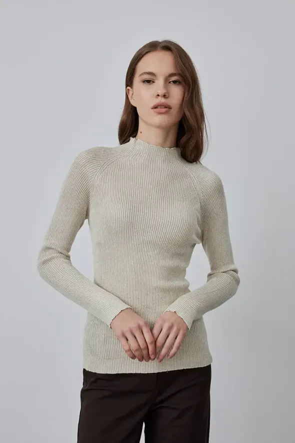 Stand Collar Lurex Knit Sweater - Gold - 1