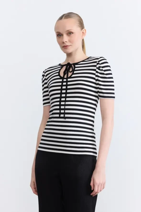 Striped Drawstring Viscose Jersey Blouse - Black - 1