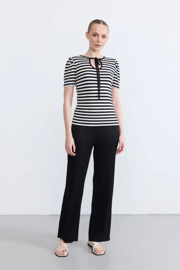 Striped Drawstring Viscose Jersey Blouse - Black - 2