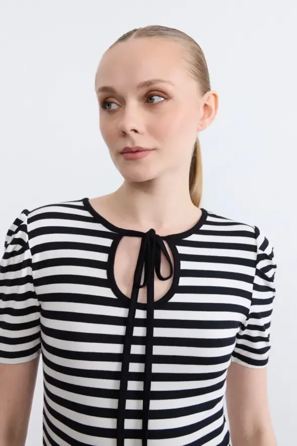Striped Drawstring Viscose Jersey Blouse - Black - 3