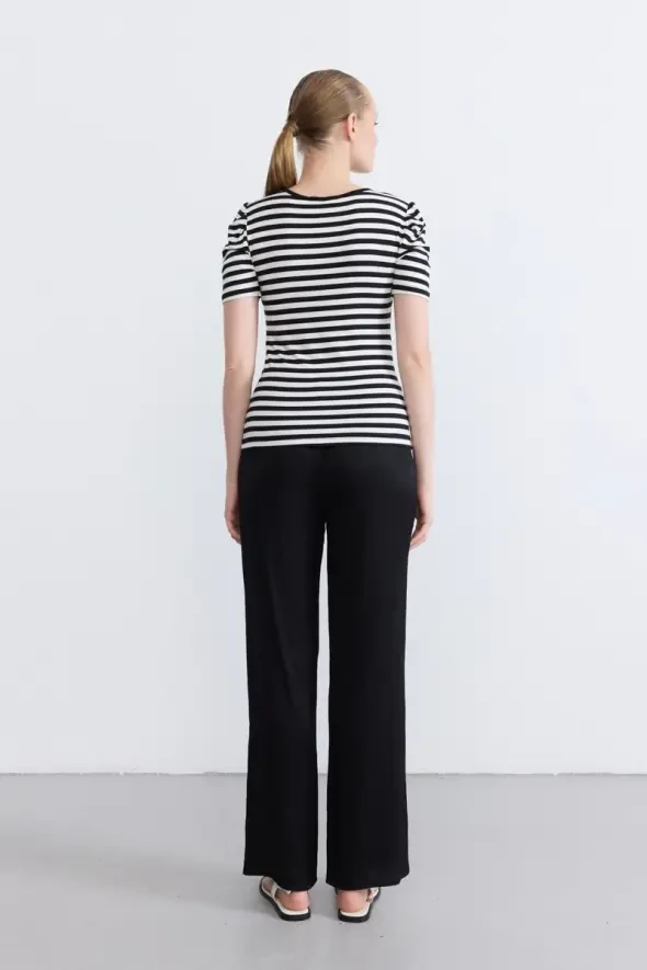 Striped Drawstring Viscose Jersey Blouse - Black - 4