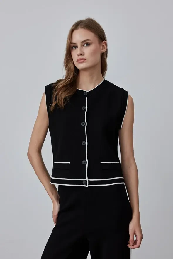 Striped Knitwear Vest - Black - 1