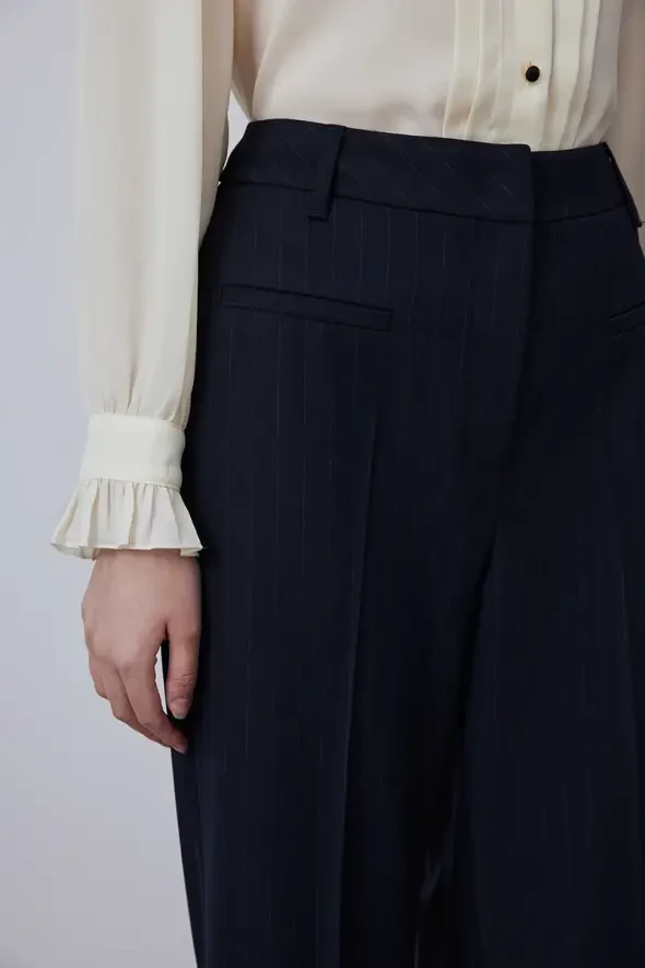 Striped Wide Leg Pants - Navy - 3