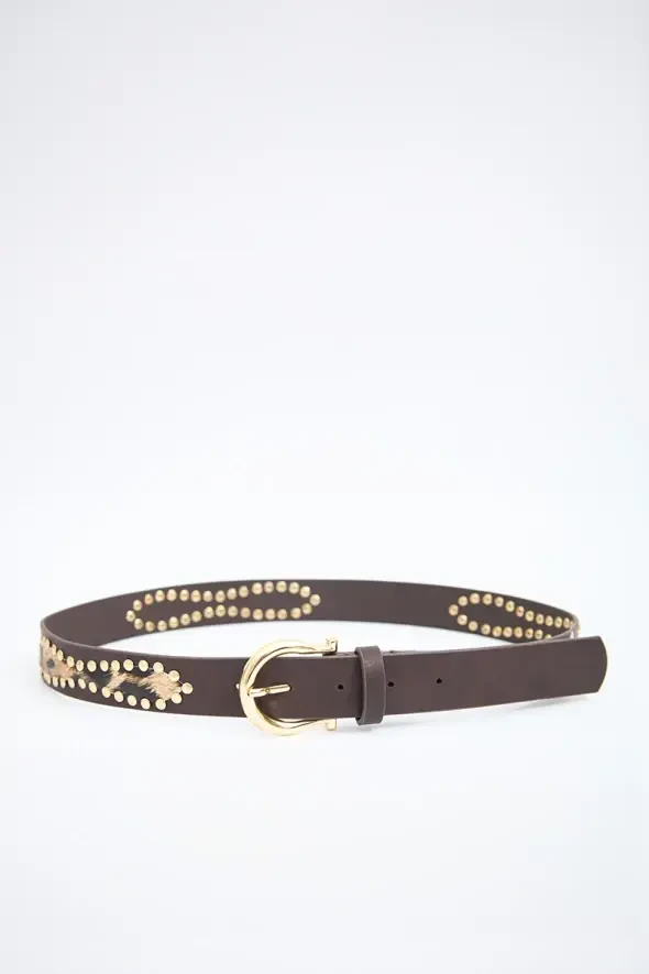 Studded Leopard Detail Leather Belt - Brown - 1