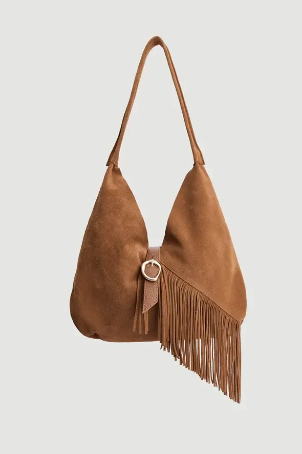 Suede Bag with Tassels and Pouch - Tan - 1