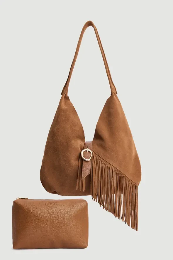 Suede Bag with Tassels and Pouch - Tan - 4