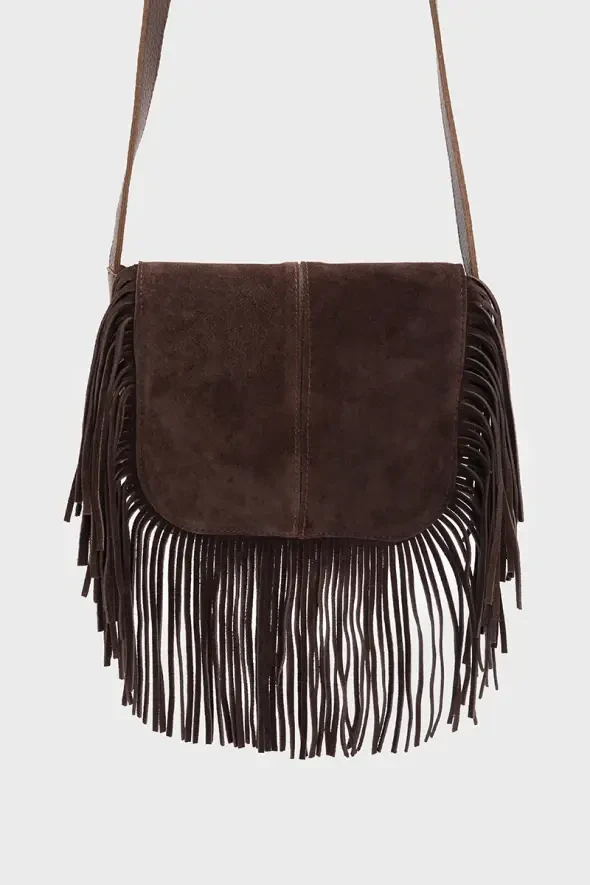 Suede Bag with Tassels - Brown - 1